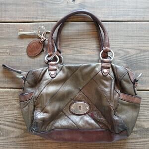 Vintage Fossil Handbag Leather Brown Patchwork Stitch Satchel Keyhole Boho 90s